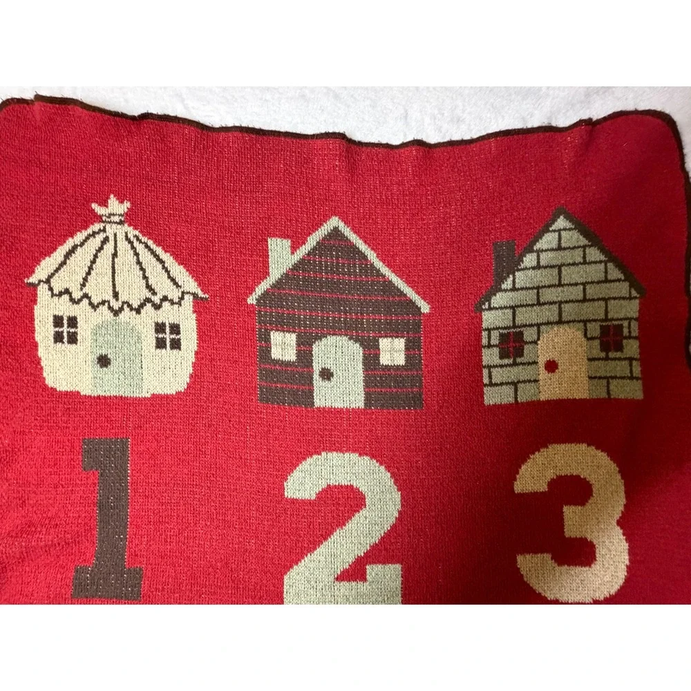 Green 3 Three Little Pigs Knit Throw Blanket Red Recycled Cotton Made in USA